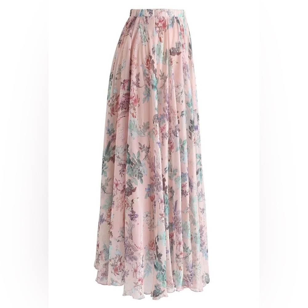 ChicWish Plus Pinky Blossom Watercolor Floral Chiffon Maxi Skirt - Picture 2 of 8